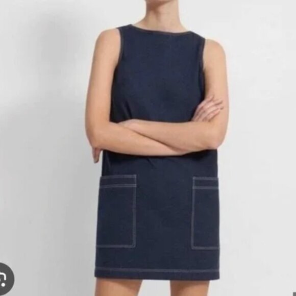 Theory Mod Denim Knit Dress Sleeveless Sheath Shift Pockets Minimalist size 12 - Picture 1 of 9